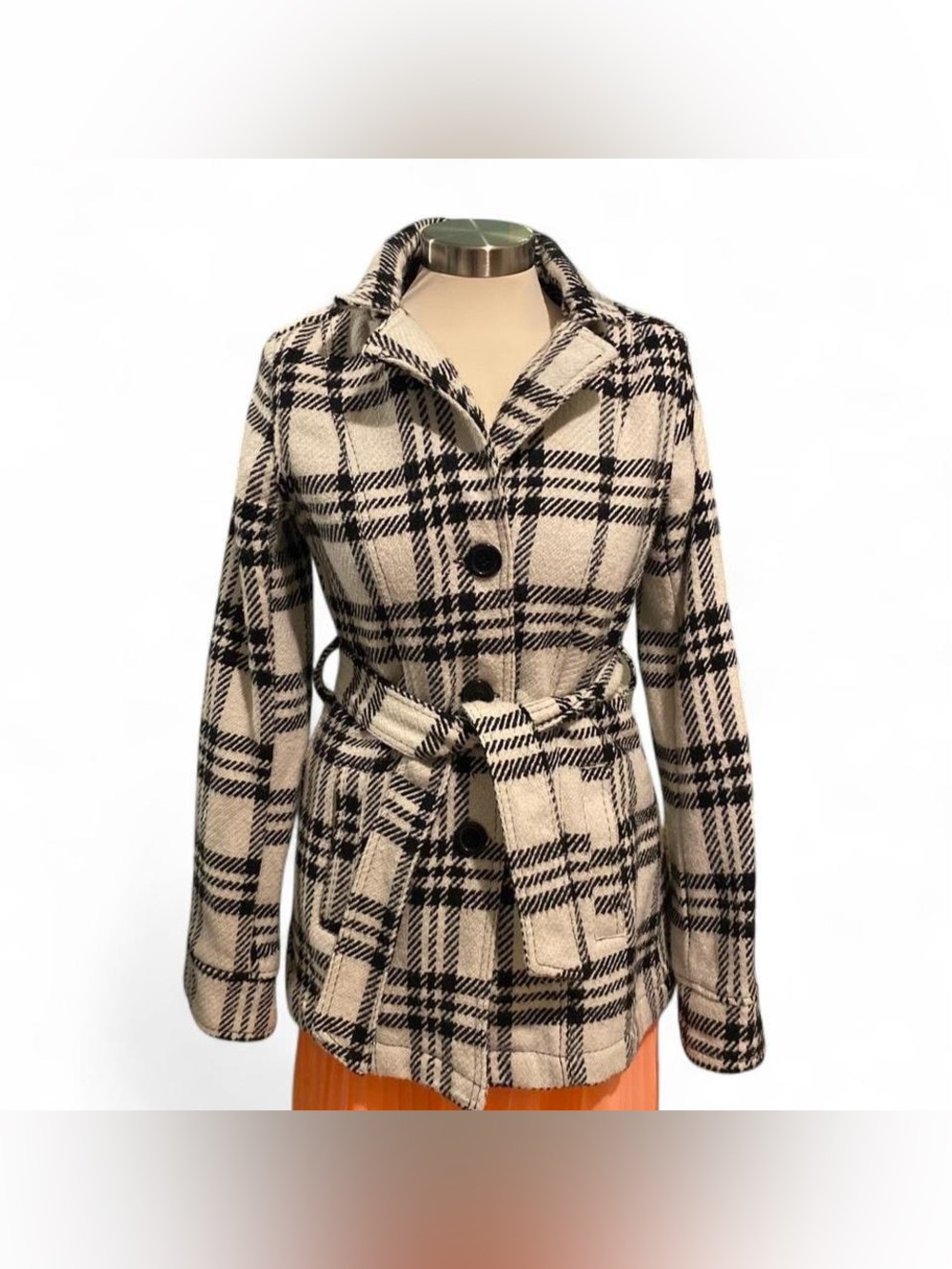 Jou Jou Black & White Plaid Belted Pea Coat